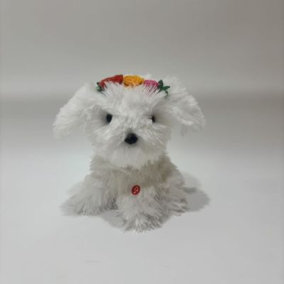 Cachorro Branco Dançarino e Cantor com flores e sinos na cabeça, brinquedo infantil, presente para o dia das crianças
