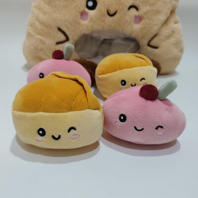 Carinhosos traços transparentes de PVC, almofada de pudim de frutas, com mini-frutas coloridas no interior.