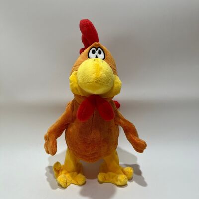 Brinquedo de pelúcia de frango amarelo de cabelo comprido com puxador de pescoço cantando e dançando boneca de galo engraçada brinquedo interativo de alívio do estresse