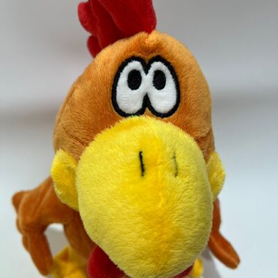Brinquedo de pelúcia de frango amarelo de cabelo comprido com puxador de pescoço cantando e dançando boneca de galo engraçada brinquedo interativo de alívio do estresse