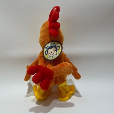 Brinquedo de pelúcia de frango amarelo de cabelo comprido com puxador de pescoço cantando e dançando boneca de galo engraçada brinquedo interativo de alívio do estresse
