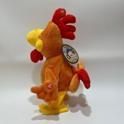 Brinquedo de pelúcia de frango amarelo de cabelo comprido com puxador de pescoço cantando e dançando boneca de galo engraçada brinquedo interativo de alívio do estresse