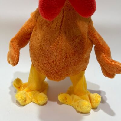 Brinquedo de pelúcia de frango amarelo de cabelo comprido com puxador de pescoço cantando e dançando boneca de galo engraçada brinquedo interativo de alívio do estresse
