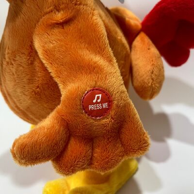 Brinquedo de pelúcia de frango amarelo de cabelo comprido com puxador de pescoço cantando e dançando boneca de galo engraçada brinquedo interativo de alívio do estresse